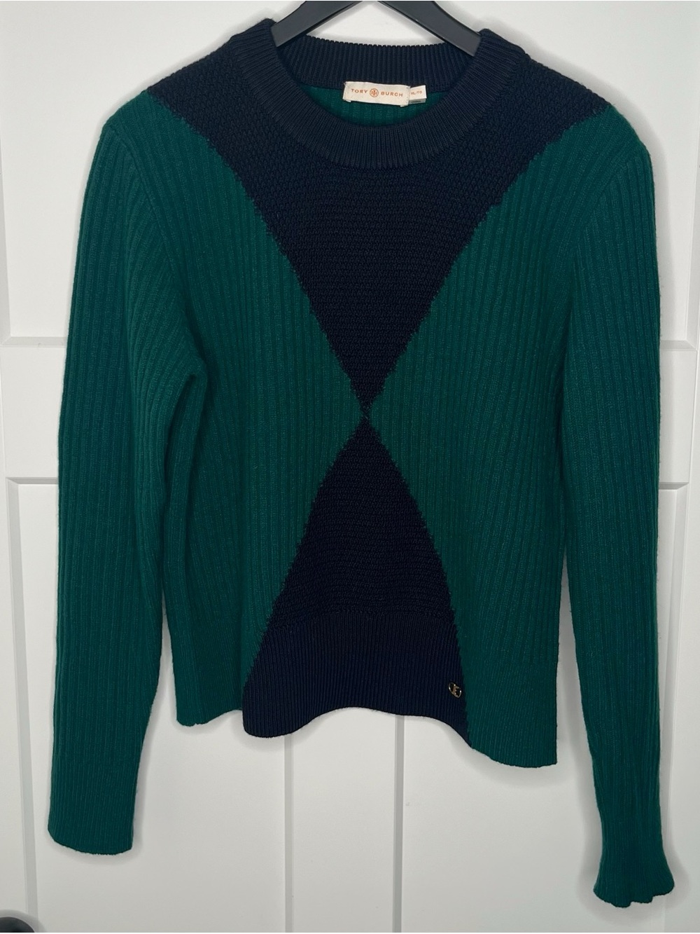 Tory Burch Green and Navy Ribbed Crewneck Lambs Wool Blend Sweater Size XL